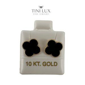 Earrings Studs Yellow Gold 10K Screwback Clover Black Design 8MM